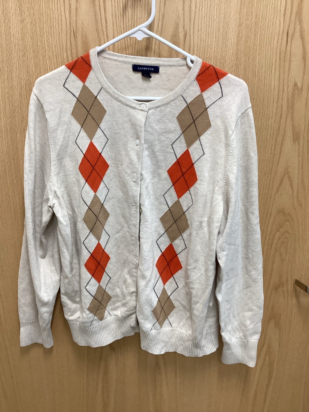Lands' End Cream Argyle Button Cardigan